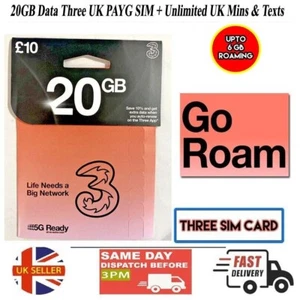 Carte SIM Data Three Pay As You Go UK 20 Go avec minutes et textes illimités - GO ROAM - Photo 1 sur 9