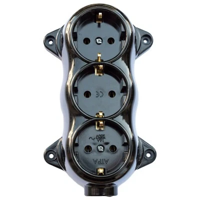 Retro AC Schuko European Black Power Outlet for external mount 3 outlets - Image 1 of 4