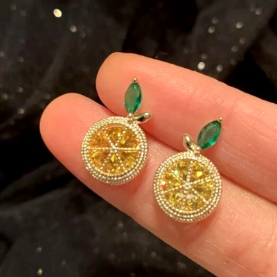 Stylish 18K Gold Plated Fruit Shiny Yellow Rhinestone Lemon Earrings Jewelry New - Image 1 of 4