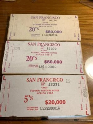 (3) $5, $20 (x2) 981 Fed Reserve Note San Francisco Wood Block Ends SKU#32385 - Image 1 of 2