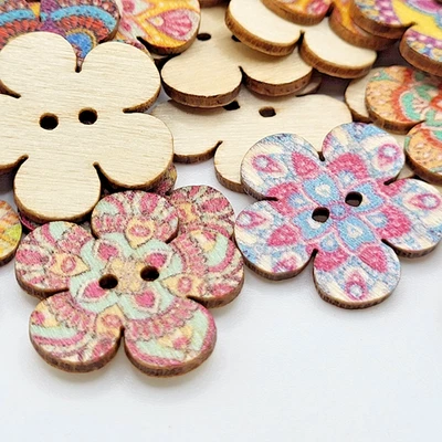 NWOT 100 Pieces Boho Mized Painted Floral Wooden Buttons 0.75in 2 hole - Image 1 of 4