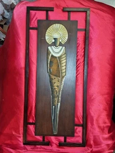 Large Oil Painting Wood Panel Metal Decorative African Queen Kitsch 15" X 33" - Picture 1 of 7