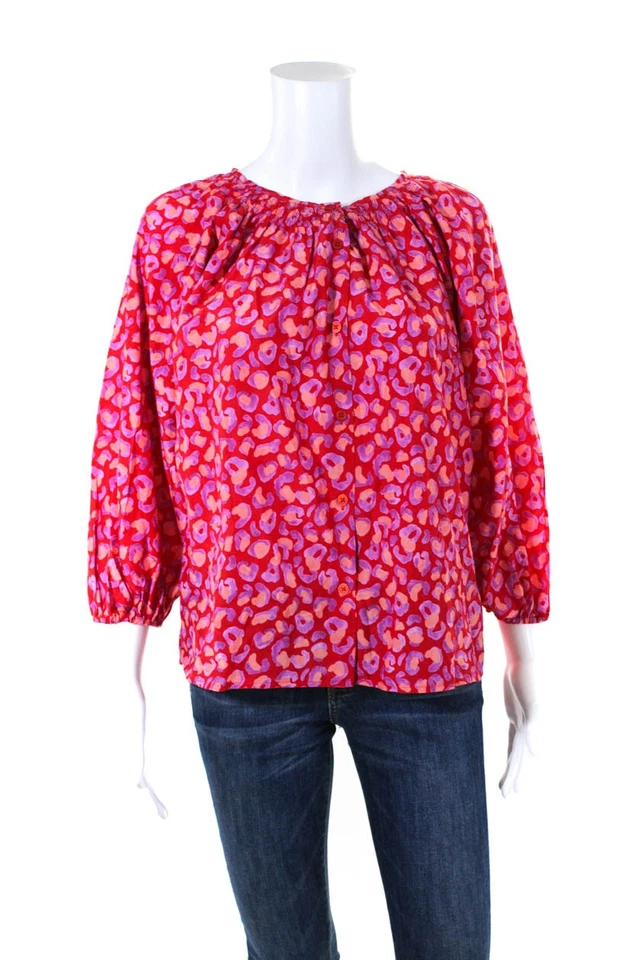 Blusa Tucker Wolmens Seda Estampado Animal Abotonada Roja Púrpura Talla Pequeña Foto 1 de 4