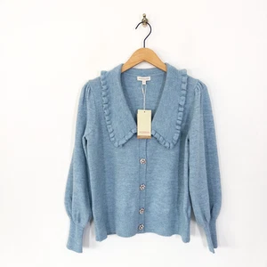 Monsoon Ruffle Cosy Collared Cardigan Size M 12 14 Blue Jewelled Button NEW - Picture 1 of 20