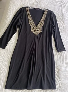 Hale Bob Silk Dress Size S Black Embellished Long Sleeve V-neck - Picture 1 of 11