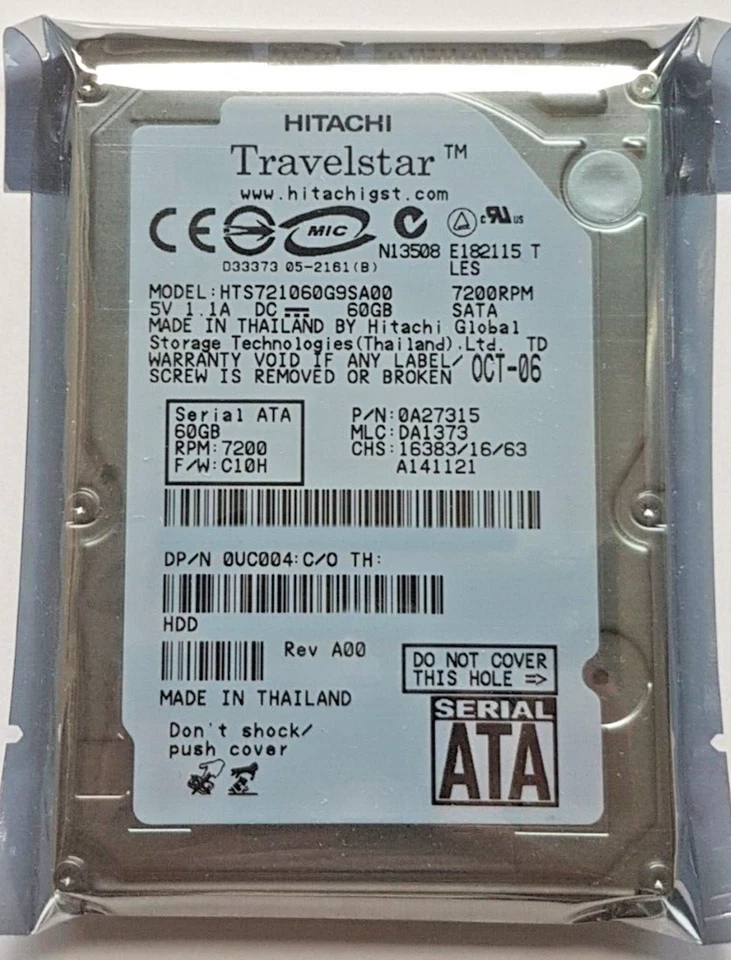 60 GB SATA Hitachi Travelstar HTS721060G9SA00 7200rpm 8MB 2.5 " Hard Drive New - Image 1 of 1