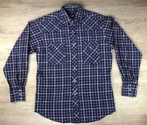 Vintage Wrangler Western Shirt Blue Plaid Pearl Button Collared Mens Size M - Picture 1 of 12