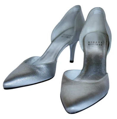 Zapatos de salón Stuart Weitzman dos veces plateados para mujer 4M cromados Raso d’Orsay Tacones España Foto 1 de 4