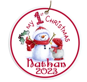 Personalized Baby's First Christmas Ornament 2023 Penguin Snowman Ceramic 3" - Picture 1 of 7