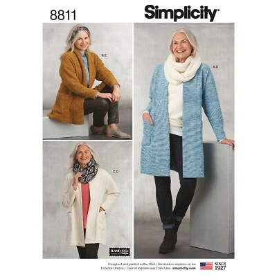 Simplicity 8811 XS-XL Sweater & Infinity Scarf Knit Wool Cardigan Pocket Pattern - Image 1 of 4