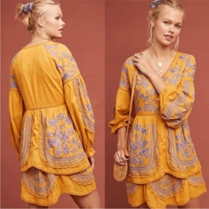 Anthropologie Meadow Rue Lisette Floral Embroidered Long Sleeve Mini Dress| S - Picture 1 of 12