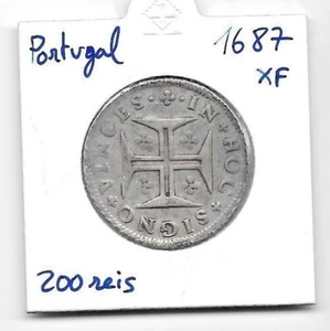 PORTUGAL 1687 200 Reis XF Meio Cruzado LISSABON Mint Silber Huntington Sammlung! - Bild 1 von 2