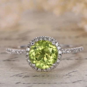 3.50crt Round Cut Natural Peridot & Diamond Ring Real 100% 14k SOLID White Gold - Picture 1 of 12