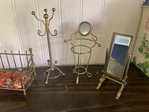 Mini Brass Furniture 9 pc Mirror Chair Table Cradle Daybed Coatrack Rocker - Picture 1 of 9