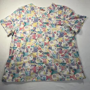 Hearts Rainbows Stars Scrub Top Women's White Cross Medical - Picture 1 of 7