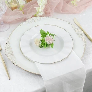 10 WHITE 9" Round PLASTIC Salad Dinner PLATES Gold Wavy Rim Wedding Party - Picture 1 of 8