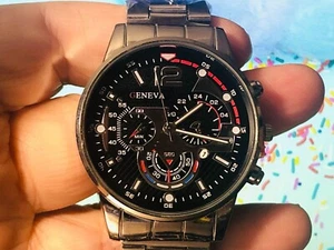Men's Watch - Geneva - Silver Casing & Band with Black Face - Quartz/Date - NEW - Picture 1 of 4