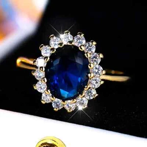 Anillo de compromiso de lujo para mujer cristal azul ovalado piedra circonita vintage oro amarillo - Imagen 1 de 24