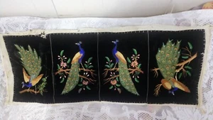 Vintage Picture Black Velvet Crewel Peacock Unframed - Picture 1 of 5