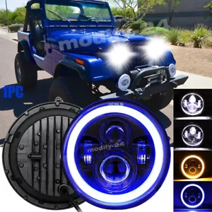 Fit Jeep CJ-7 1976-1986 7'' Round LED Headlight Blue Halo Turn Signal Hi-Lo Beam - Picture 1 of 12