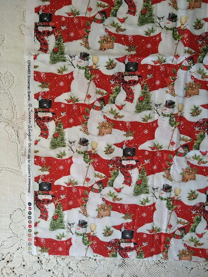 Christmas Fabric Snowman Scenic Susan Winget Cotton CP64465 28"x44" Red Winter - Image 1 of 4