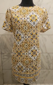 Lulu's Tile Print Shift Dress Small Yellow White Mod Retro Boho Festival Mini - Picture 1 of 8