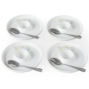 EggHolder & Spoon Set 4 Ceramic Egg Holders + 4 SS Spoons Breakfast Plate Eas... - Picture 1 of 7