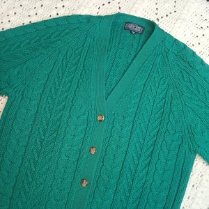 Vintage Lands End Damen L Zopfmuster Wolle Cardigan Fishmans Knopf Kelly grün Vorbereitung - Bild 1 von 12