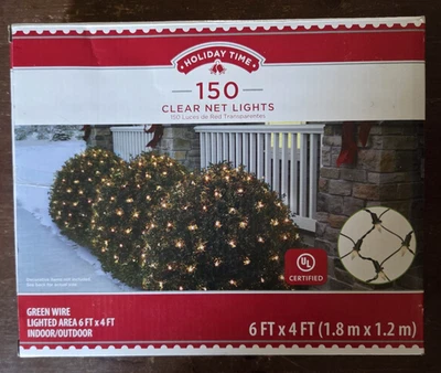 Holiday Time 150 Indoor/Outdoor Clear Net Lights 6ftx4ft Area Green Wire NEW BOX - Image 1 of 3