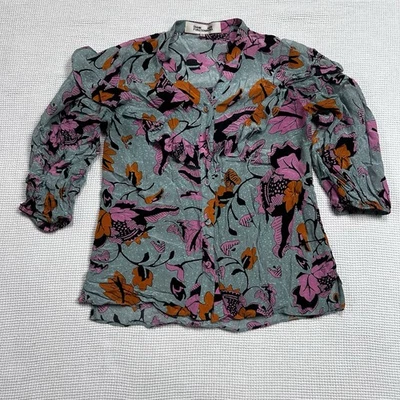 Diane Von Furstenberg 纽扣前荷叶边细节 100% 真丝上衣 3/4 袖 2 码 — 第 1/4 张图片