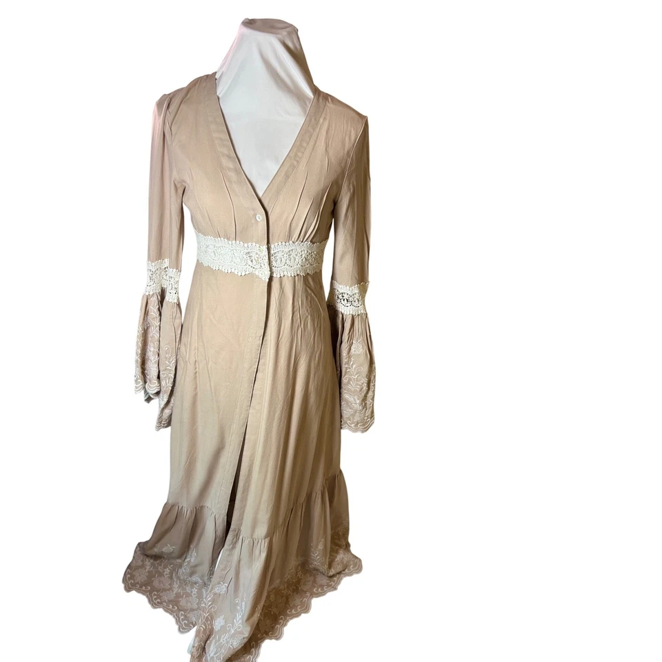 Venus Women's US 2 Boho Bell Sleeve Crochet Trim Maxi Cardigan Duster Sand Tan - Image 1 of 4