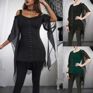 Women Halloween Gothic Tops Lace Up Cold Shoulder Steampunk Costume Shirt Blouse - Picture 1 of 21