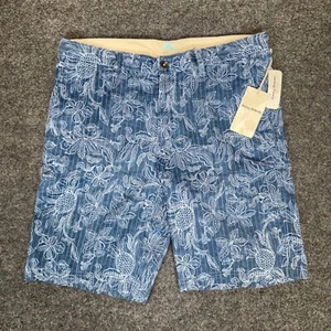Tommy Bahama pantaloncino blu floreale AOP a righe uomo 36 misto lino piatto davanti Csual - Foto 1 di 10