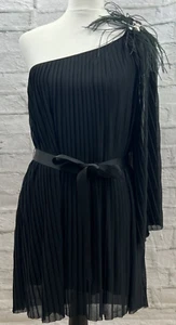 Lipsy London Shift Dress Black Chiffon Pleated Size 8 One Sleeve Christmas Party - Picture 1 of 13