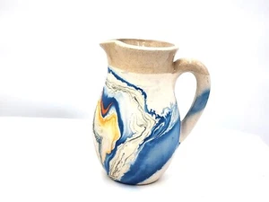 Nemadji Pottery Pitcher Blue and Electric Orange Swirl Pattern Marked - Picture 1 of 10