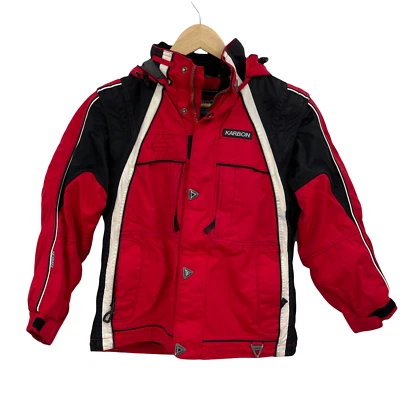 Karbon Ski Jacket Youth 12 Red Nylon Hood Pockets Snow Skirt Embroidered Back - Image 1 of 4