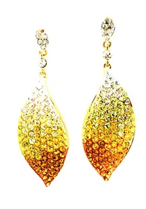 USA EARRING made with Swarovski crystal prom Leaf Dangle Yellow Gold Curve - Picture 1 of 3