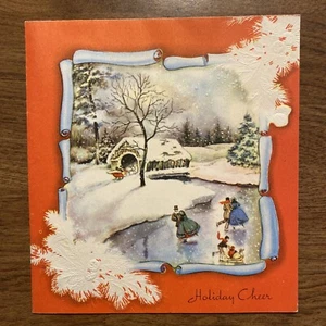 Tarjeta de Feliz Navidad de colección de los años 40 con sobre puente cubierto escena de patinaje P2B - Imagen 1 de 20