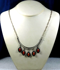 NATIVE AMERICAN STERLING 5 CORAL Cabs HANDMADE Vintage PENDANT Long CHAIN Estate - Picture 1 of 7