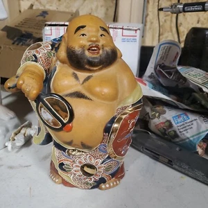 Antique Kutani Moriage Hotei Laughing Buddha 7" Figurine Statue God Japanese - Picture 1 of 12