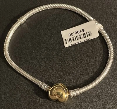 New PANDORA Sterling Silver 14k Gold Plated HEART CLASP BRACELET SZ 7.87 In (20) - Image 1 of 4