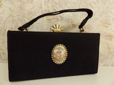 复古维多利亚 Fragonard Limoges & Rhinestone Cabochon 黑色丝绸钱包 — 第 1/4 张图片