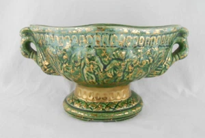Shafer 23k Gold Accent Hand Decorated Green 10" Vintage Pedestal Glazed Planter - Picture 1 of 10