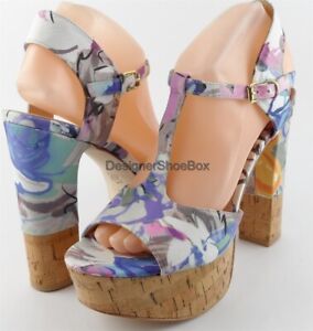 $190 DOLCE VITA BAXTER Floral Multi Fabric Designer Cork Platform Sandals 8.5