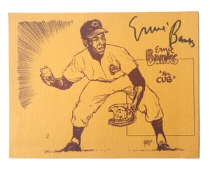 Ernie Banks Cubs Salón de la Fama Firmado 1977 Bob Parker Tarjeta RARA Sr. Cub Firmado en Persona - Imagen 1 de 4