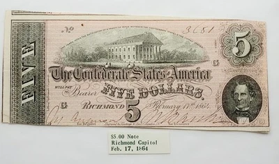 1864 $5 The Confederate States of America, Richmond, VA  No. 3681, Off Center - Image 1 of 4