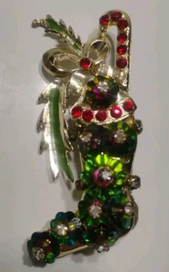 Margarita Rhinestone Crystal Green& Red Sapphire, Christmas Stocking Pin Brooch - Picture 1 of 7