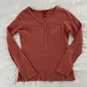 Sundance Waffle Knit Thermal Henley Top Women's PM Coral Pink Orange Pocket Y2K - Picture 1 of 6
