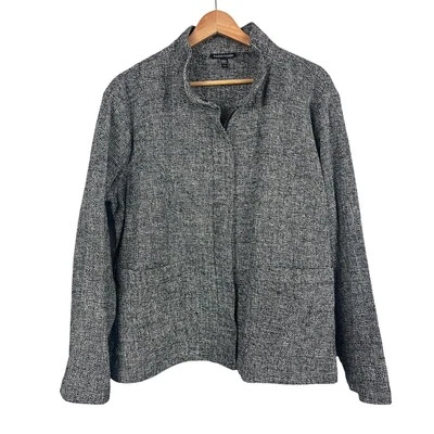 EILEEN FISHER Women's L Black White Organic Cotton Tweed Stand Collar Zip Jacket - Image 1 of 4
