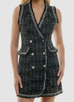 Trixxi Women's Black Fringe-Trim Boucle Sleeveless Tweed Dress Junior's Size L - Image 1 of 3